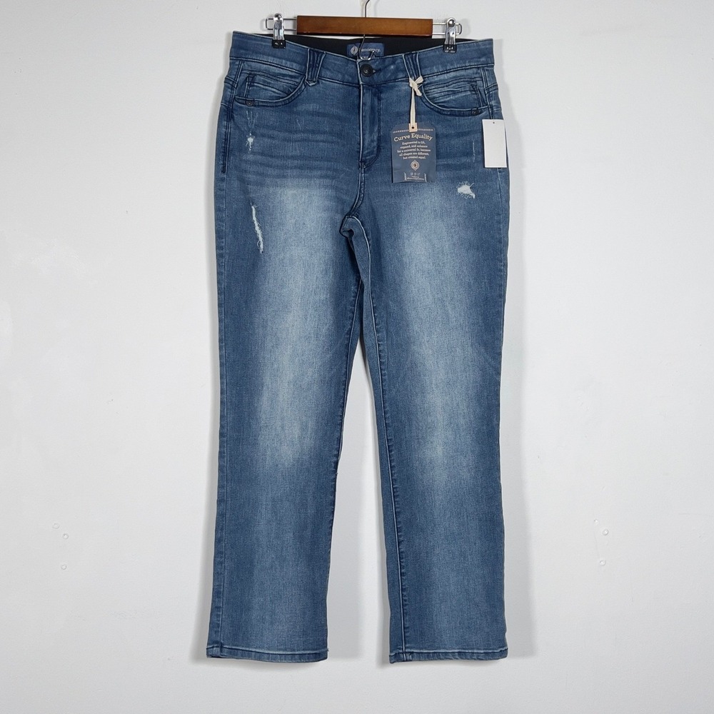 Democracy Ab solution Straight‎ Leg Jeans Women 14 Blue Distressed Stretch